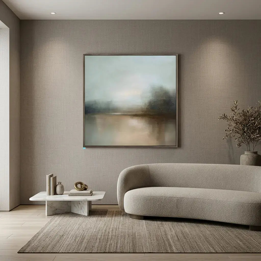 Modern living room with a neutral color palette, featuring a sofa, coffee table, and abstract painting.