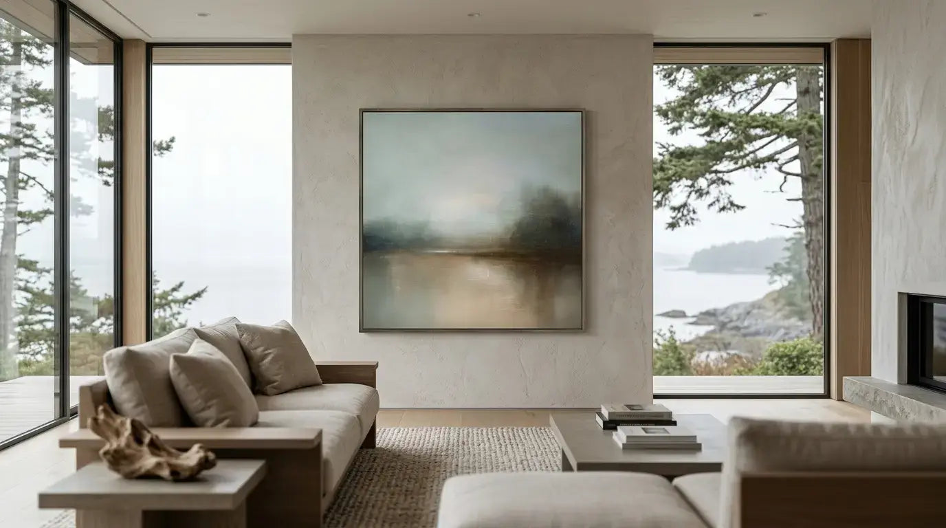 Modern living room with a large window view of trees and water, featuring a sofa and artwork.