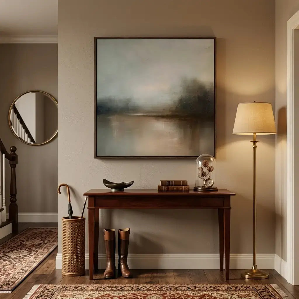 Narrow hallway with a wooden bench, umbrella, boots, and decorative items against a wall with a large abstract painting.