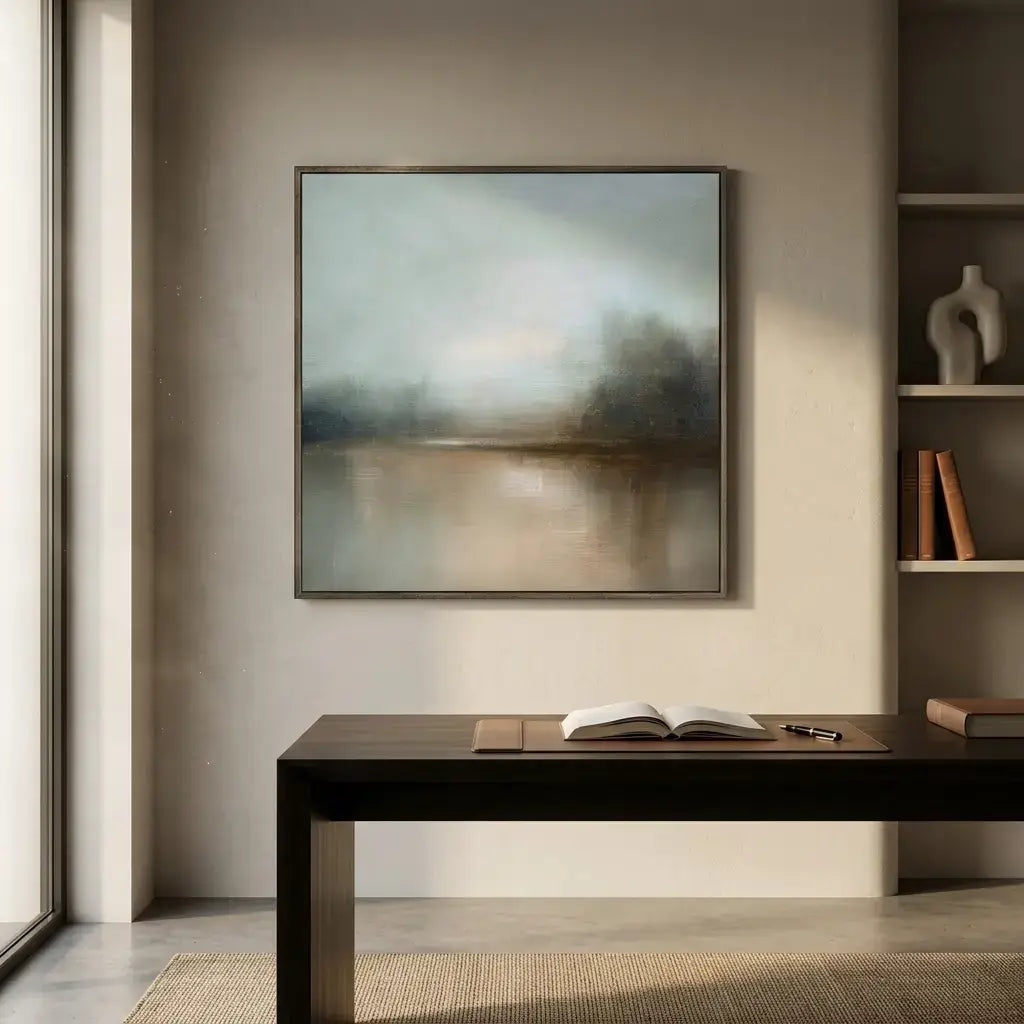 Modern interior with a painting on the wall above a desk.