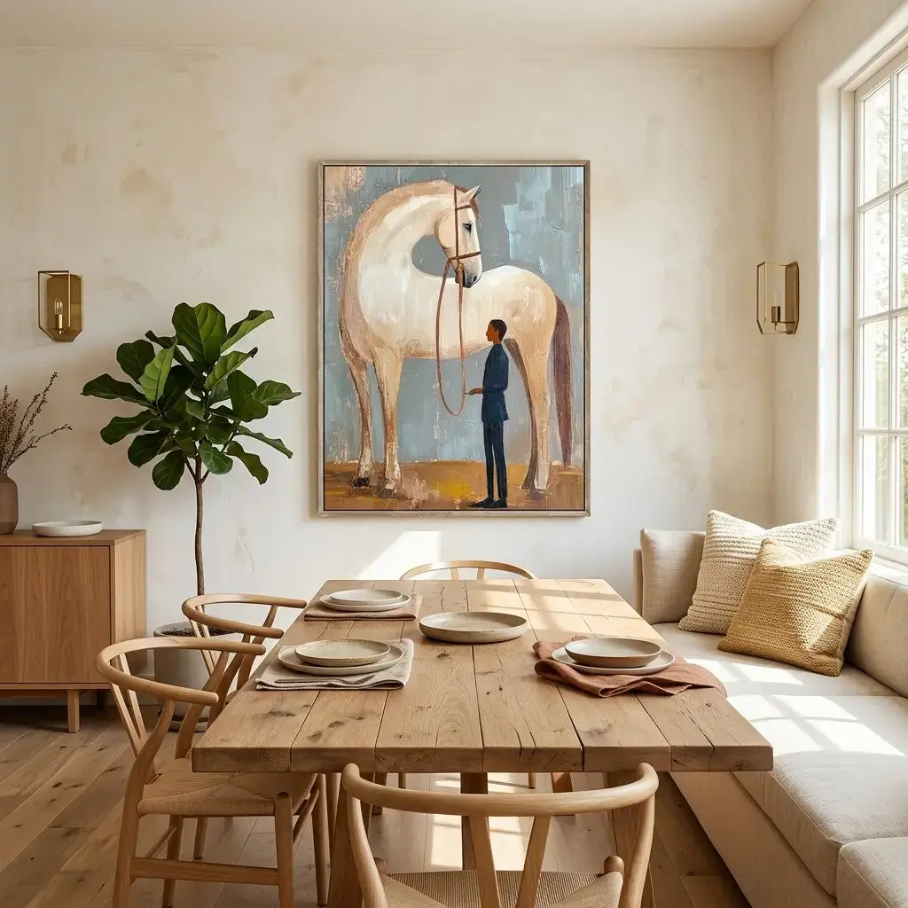 Dining room with wooden table, chairs, and a large horse painting on the wall.