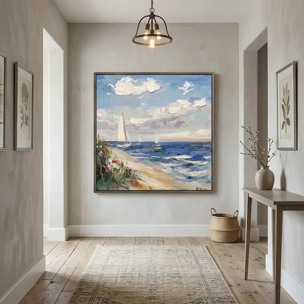 Framed painting of a beach scene with sailboats in a room with light-colored walls and wooden flooring.