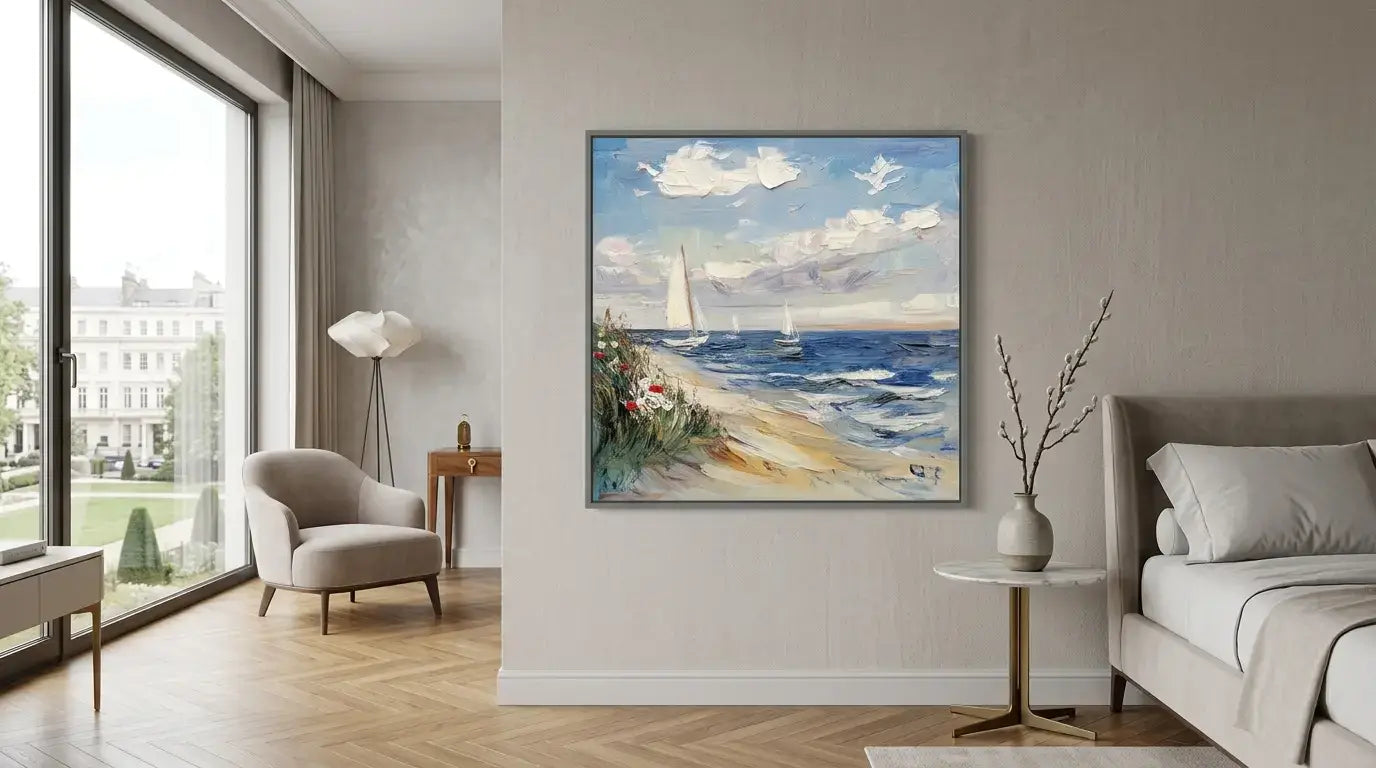 Living room with a painting of a lighthouse on a wall