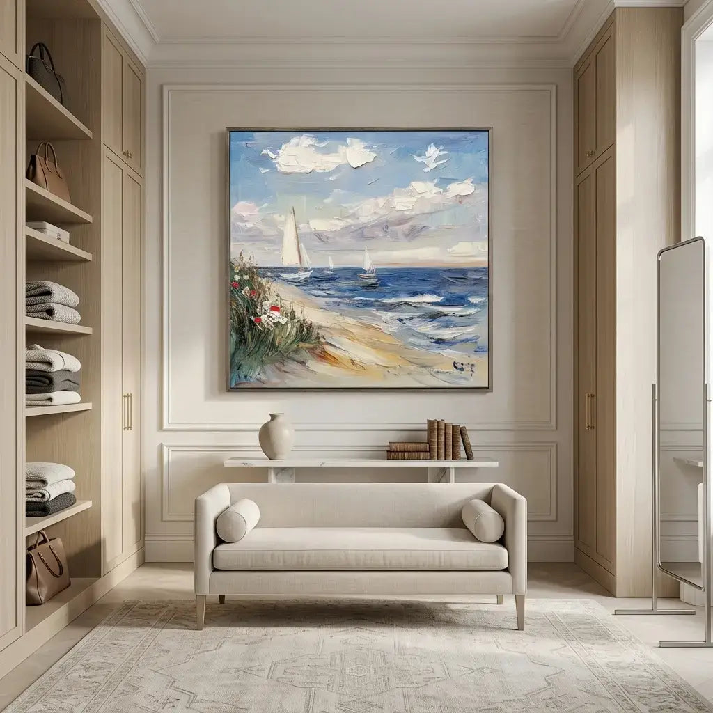 Modern interior with a painting of a beach scene on the wall, a bench, and shelves.