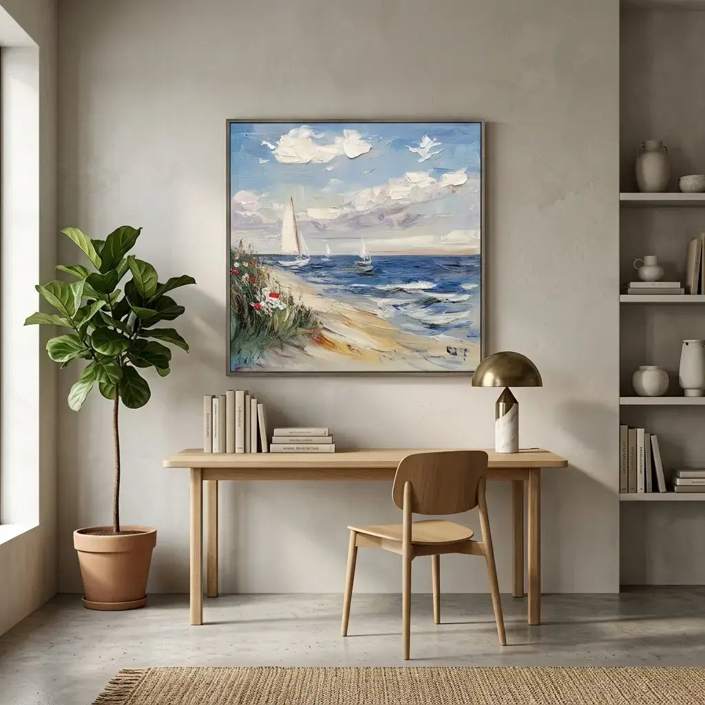 Modern home office with a desk, chair, and beach-themed painting on the wall.