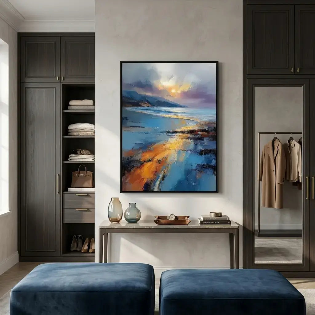 Modern interior with abstract painting on wall, dark wood cabinets, and blue ottomans.