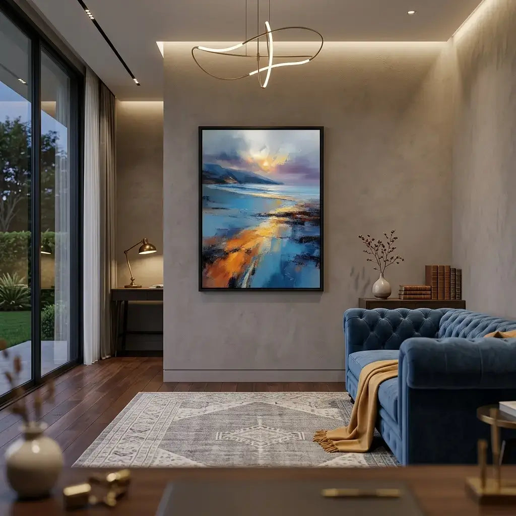 Modern living room with a blue sofa, abstract painting, and decorative items.