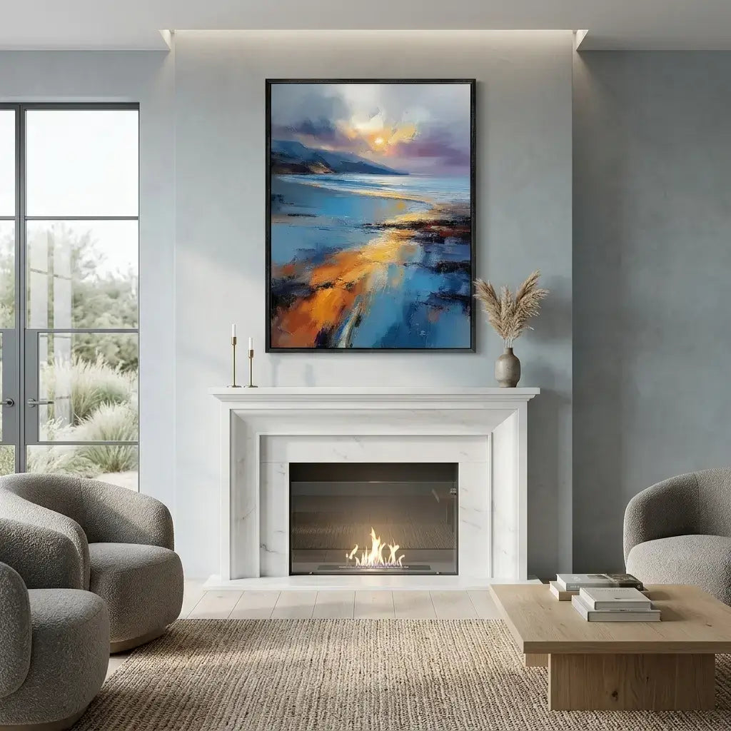 Modern living room with a fireplace, abstract painting, and comfortable seating.