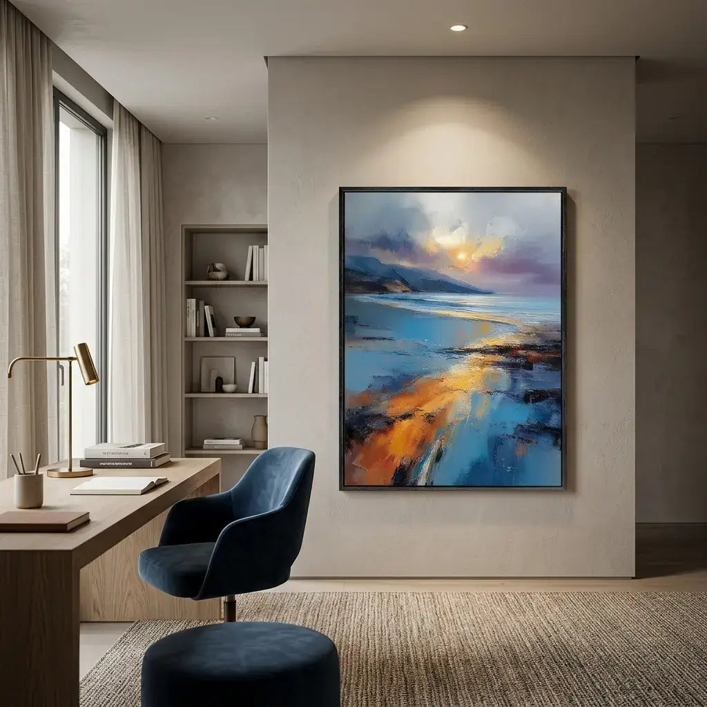 Modern office interior with a desk, chair, and abstract painting on the wall.