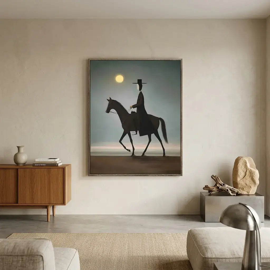 Framed artwork of a silhouette of a person on a horse against a moonlit sky in a modern living room.