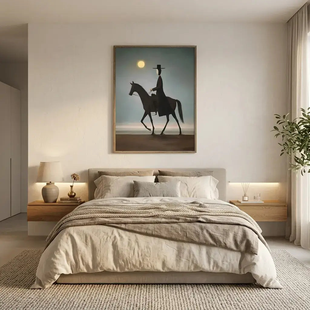 Modern bedroom with a bed, nightstands, and wall art of a person on horseback.