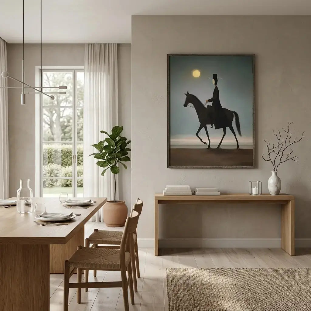 Modern dining room with wooden table, chairs, and a large framed painting on the wall.