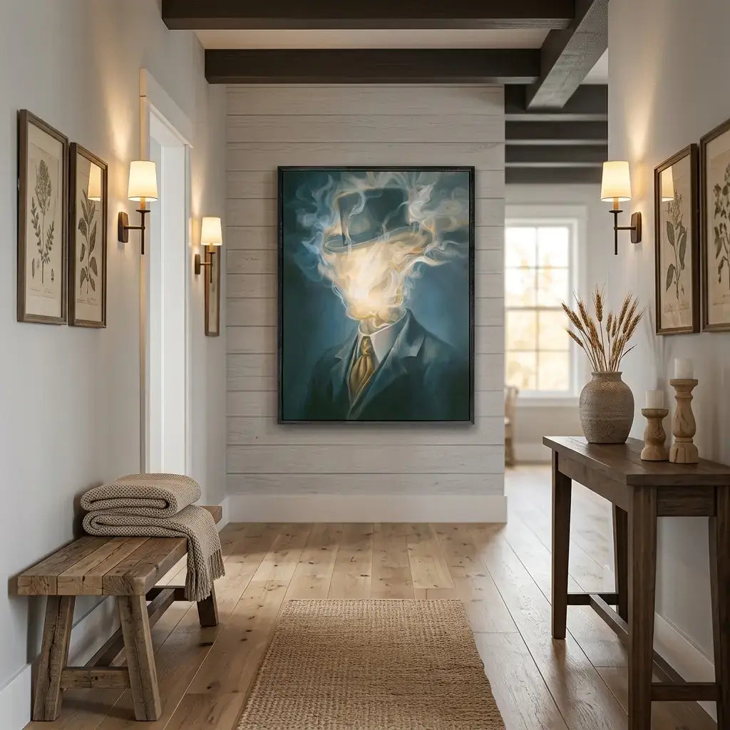 Modern interior hallway with a large painting of a man in a suit, wooden bench, and table.