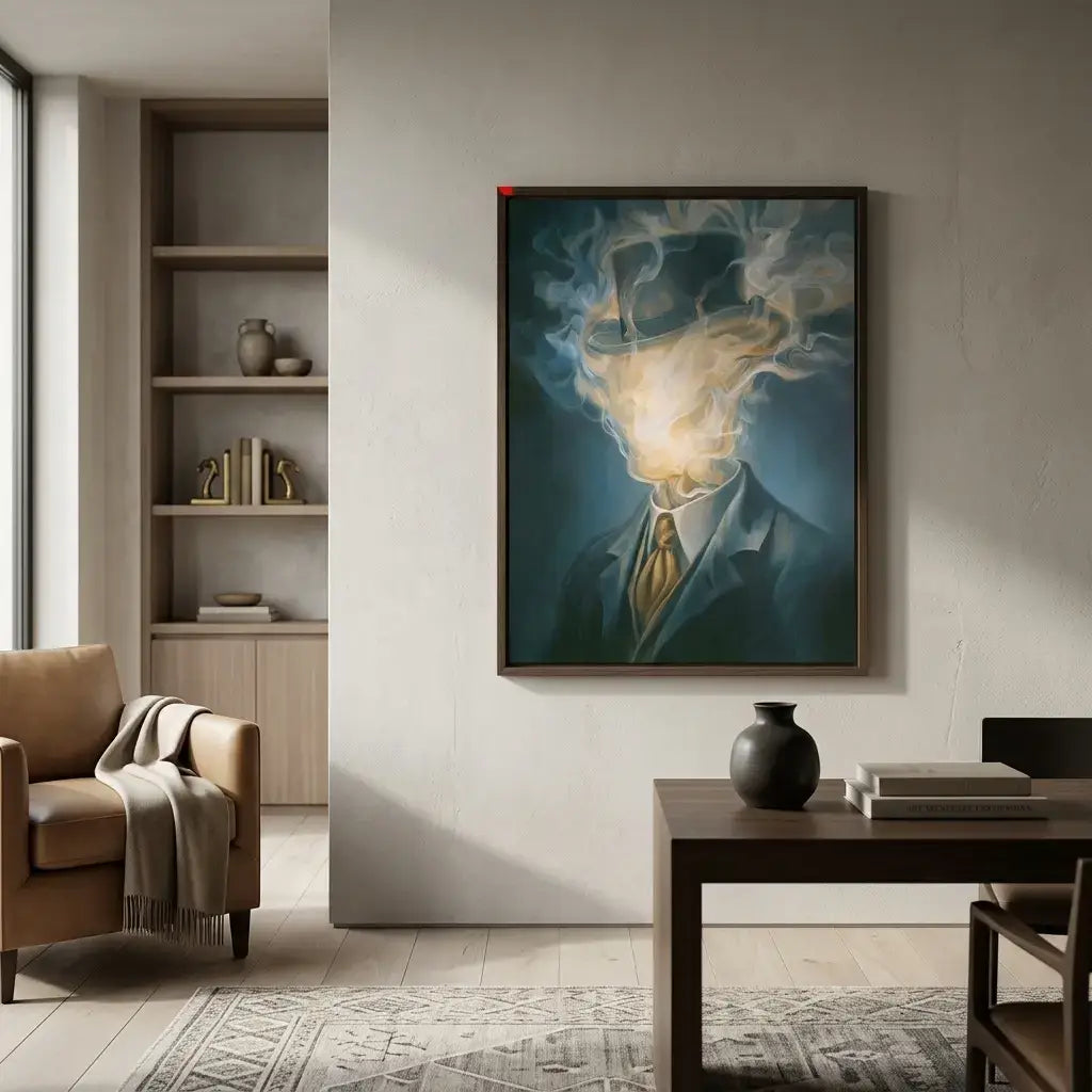 Framed artwork of a man with smoke and light effects in a modern living room.