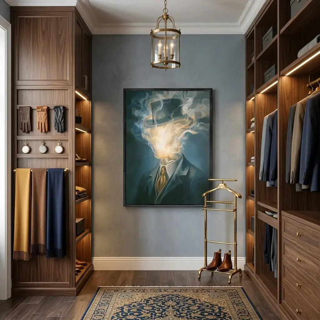 Modern walk-in closet with wooden shelves, clothing, and a framed artwork on the wall.