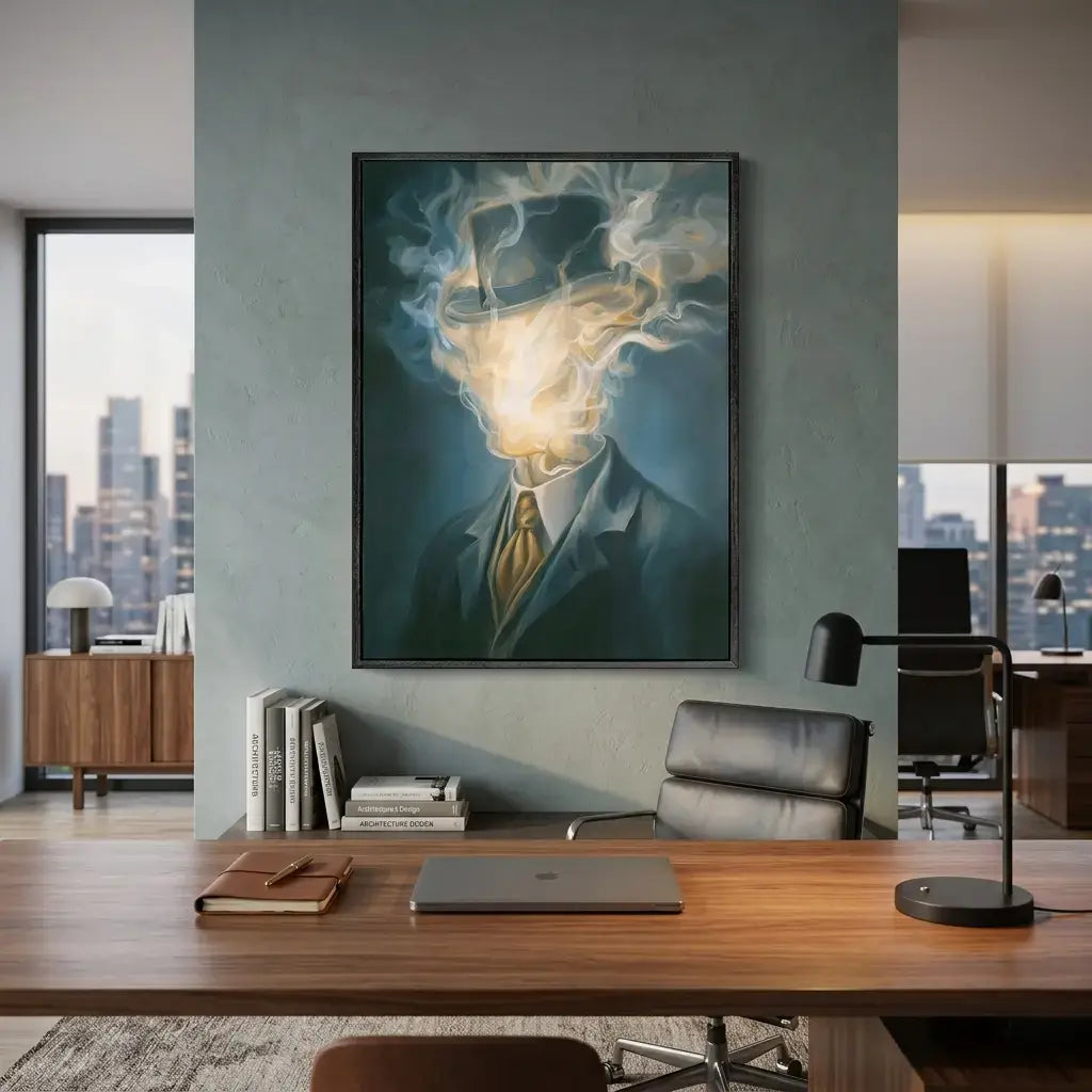 Modern office interior with a large abstract painting on the wall.