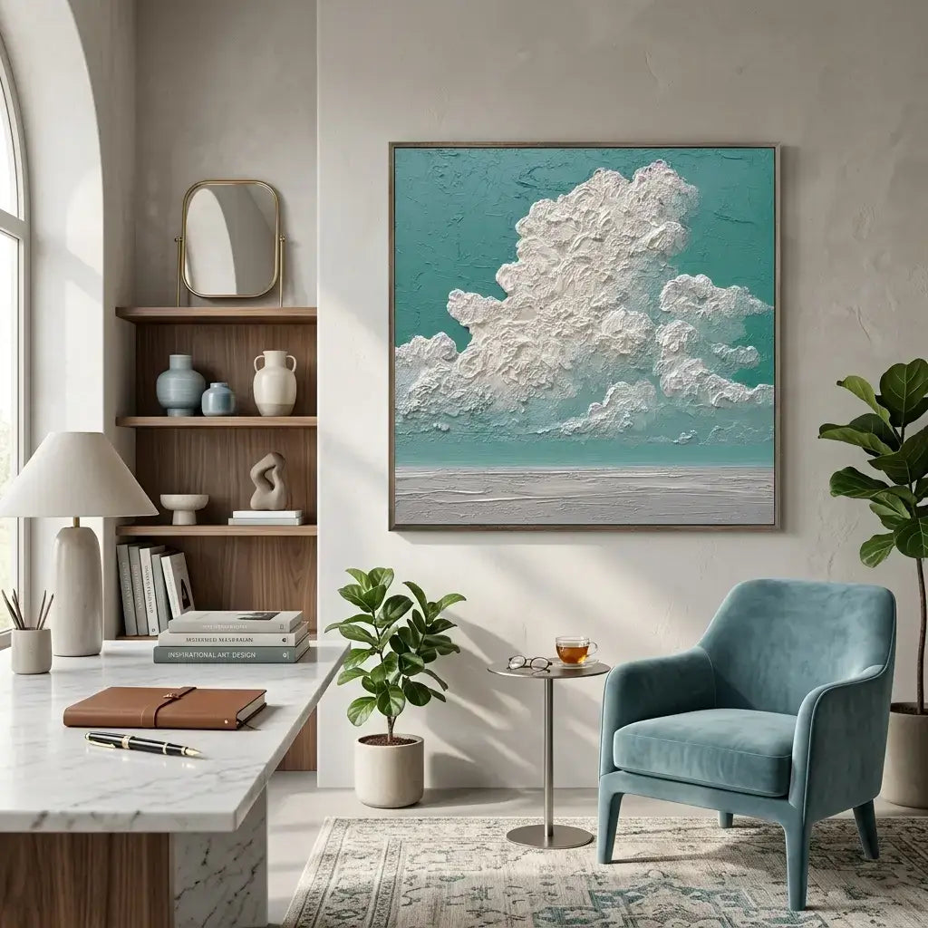 Modern living room with a blue armchair, desk, and cloud-themed artwork.