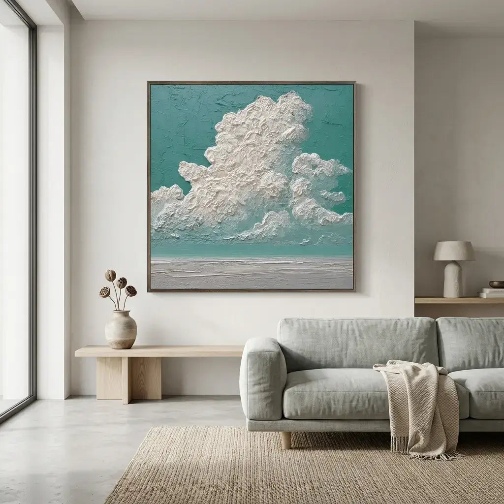 Modern living room with a large framed artwork of clouds on a teal background.