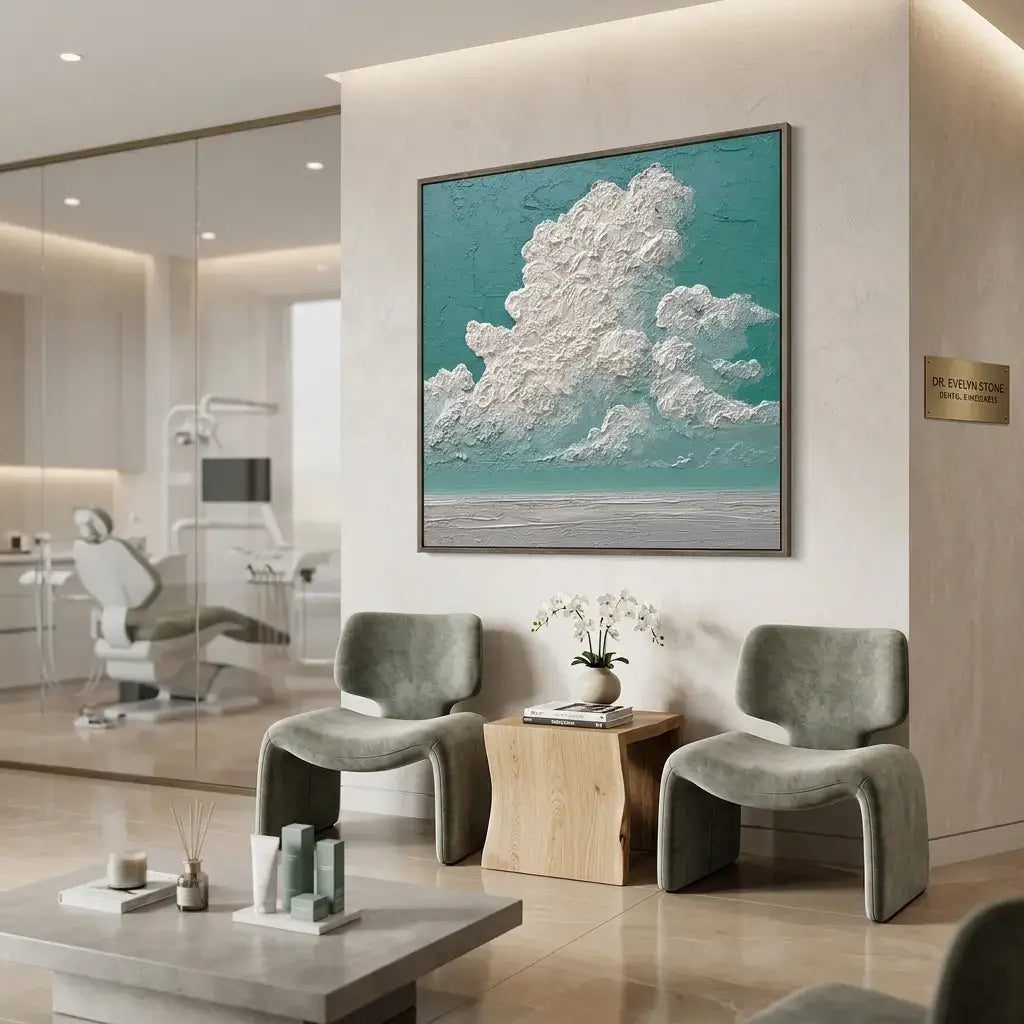Modern interior with two gray chairs, a wooden table, and a cloud-themed painting on the wall.