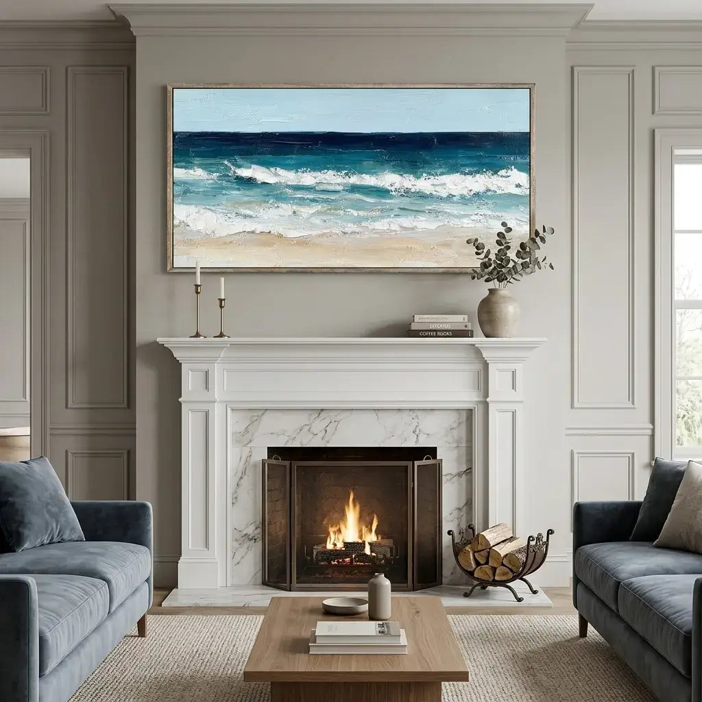 Living room with a fireplace, ocean view painting, and gray sofas.