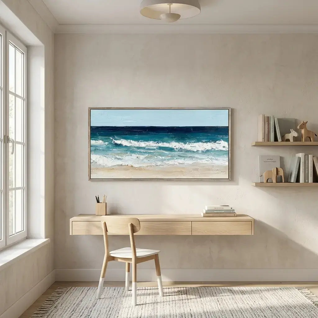 Modern home office with a desk, chair, and wall art of a beach scene.