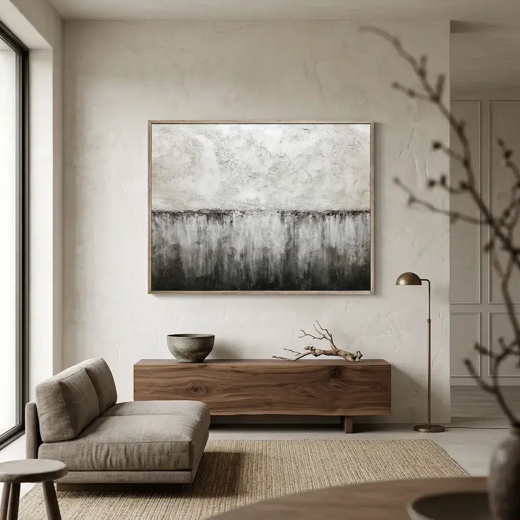 Modern living room with a gray sofa, wooden sideboard, and abstract painting.