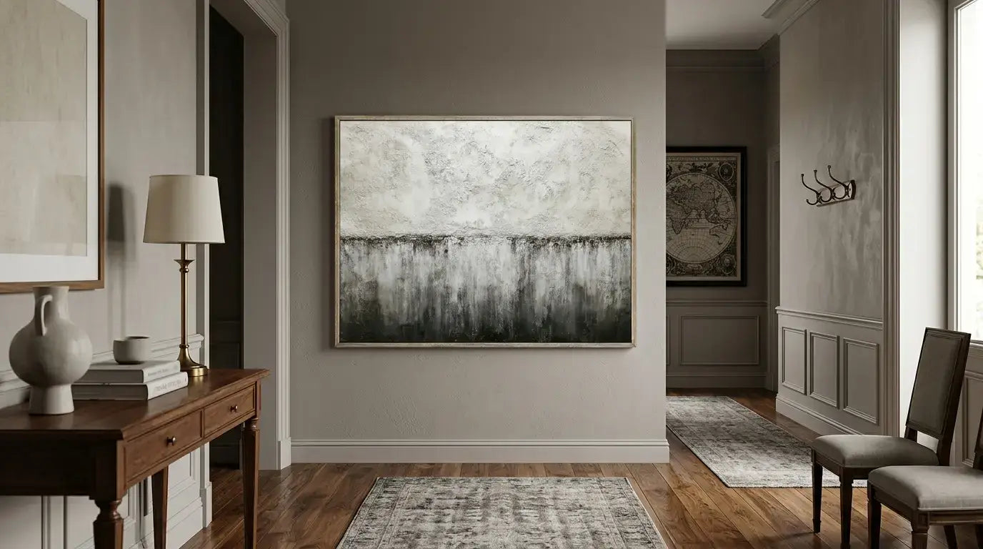 Modern interior design with abstract art, furniture, and decor elements.