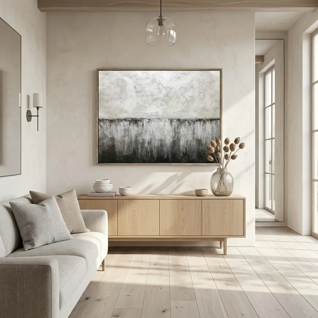 Modern living room with neutral colors, a painting on the wall, and a vase on a console table.