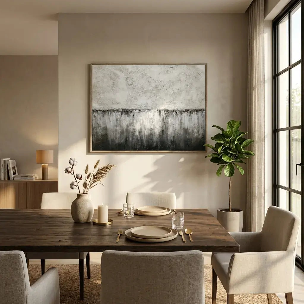 Modern dining room with a wooden table, chairs, and abstract art on the wall.