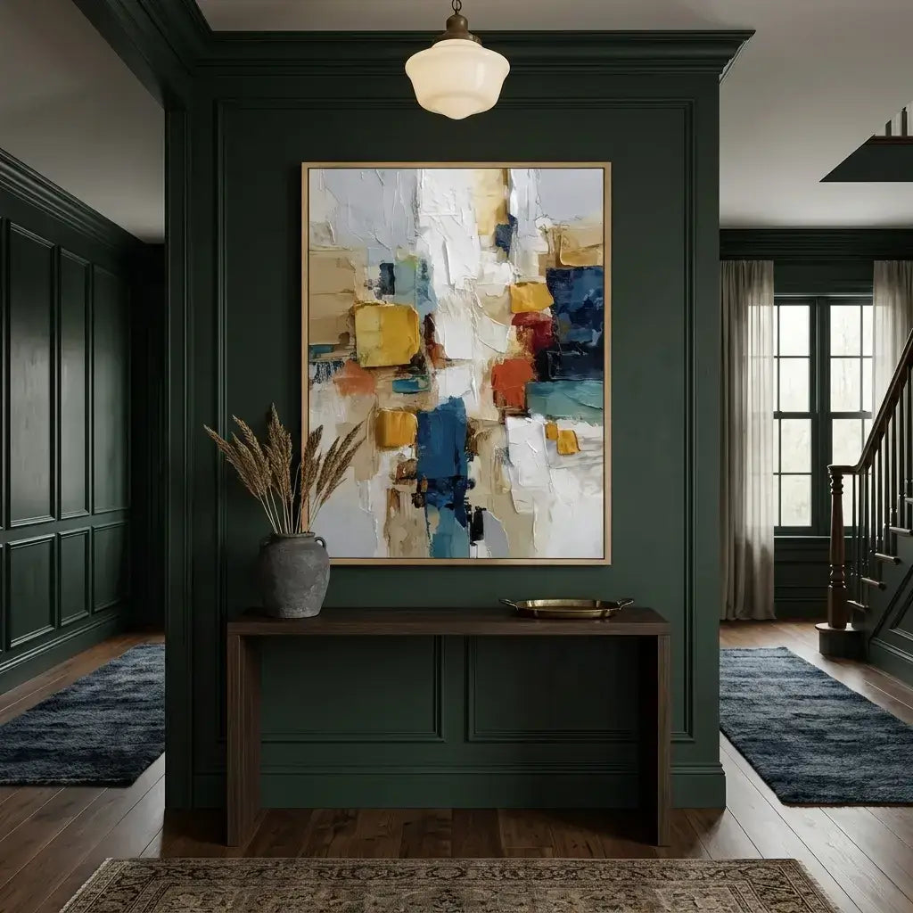 Modern interior with abstract art on a dark green wall, wooden console table, and decorative elements.