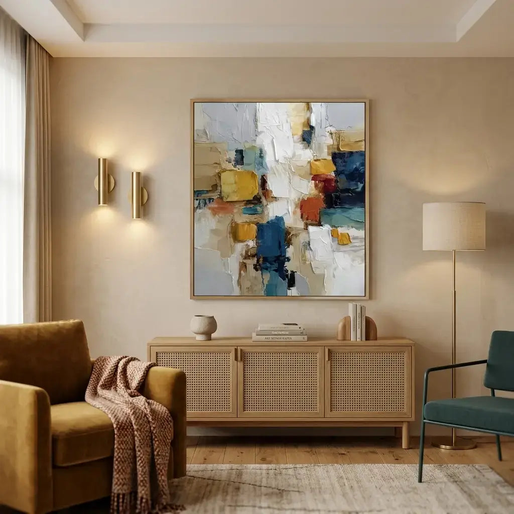 Modern living room with abstract art, furniture, and decor.