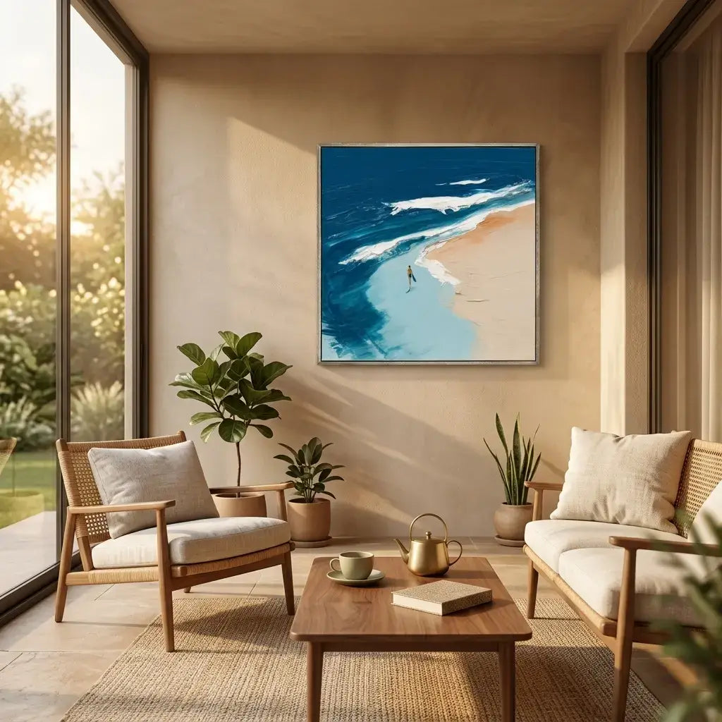 Modern living room with a beach-themed painting on the wall, wooden furniture, and plants.