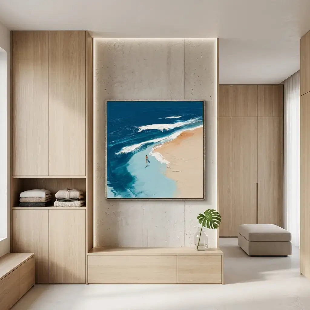 Modern interior with wooden cabinets and a beach-themed painting