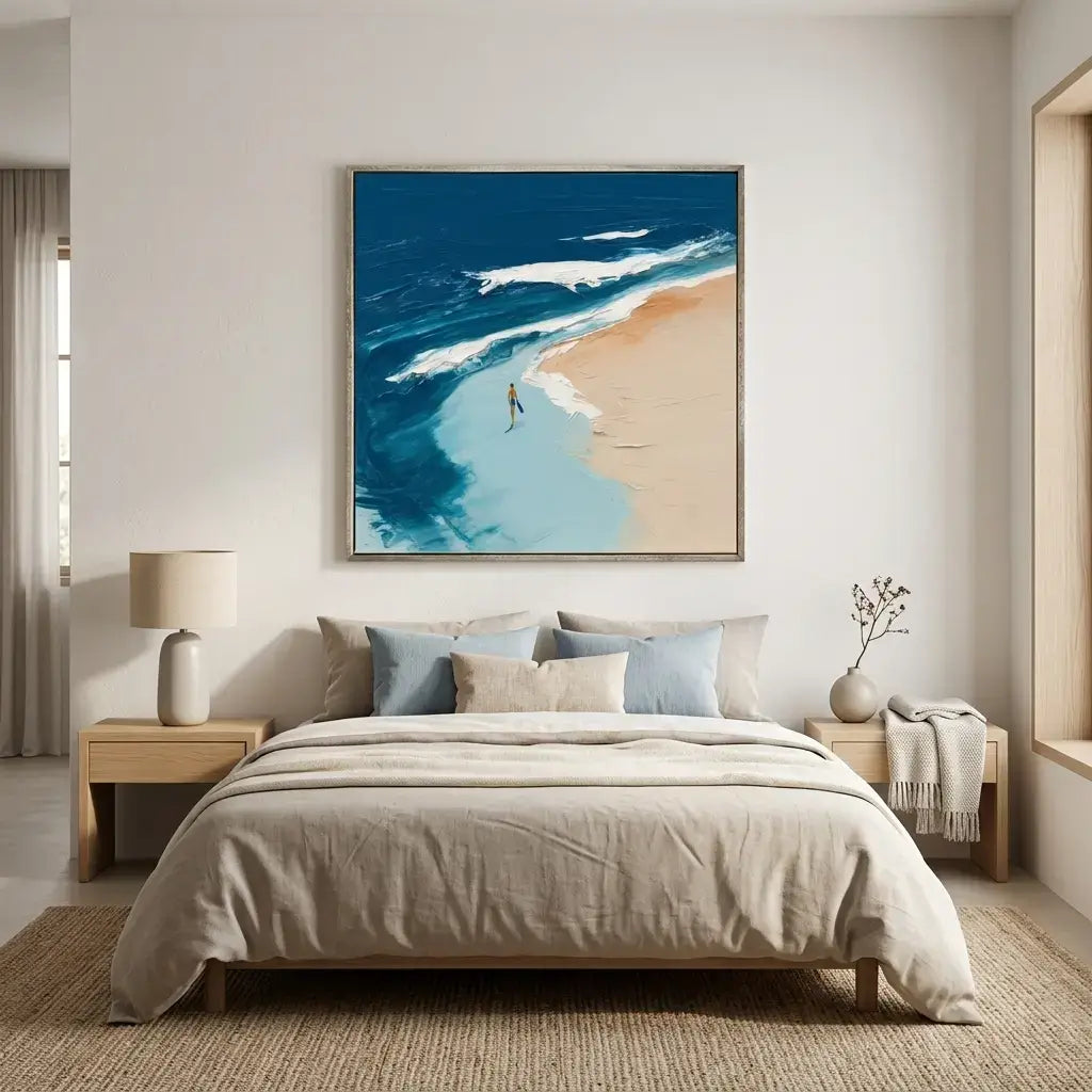 Bedroom with a large abstract painting of a beach scene above the bed.