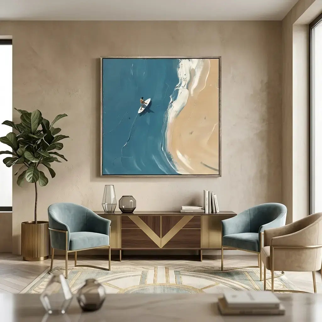 Modern living room with abstract painting, furniture, and decor