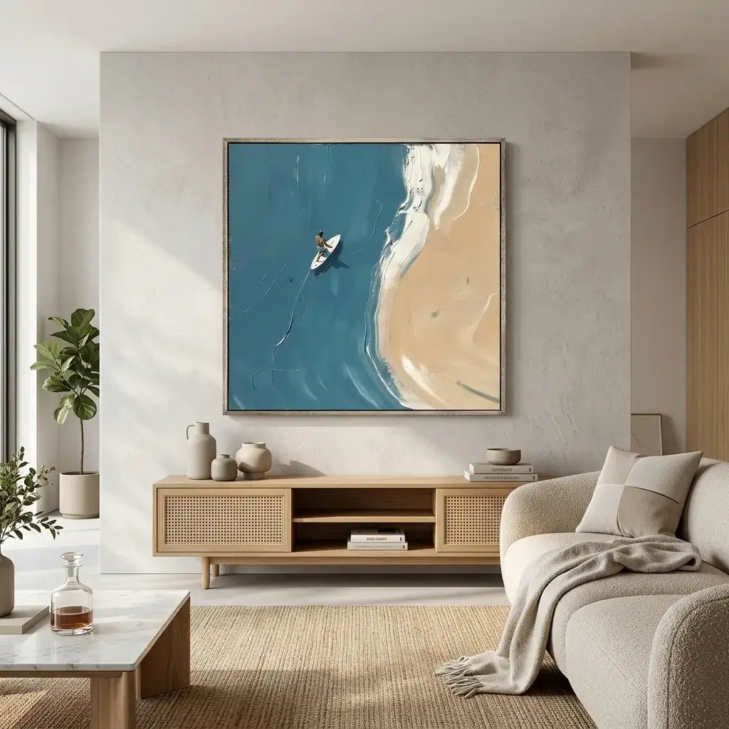 Modern living room with a large abstract painting on the wall, a sofa, and a coffee table.