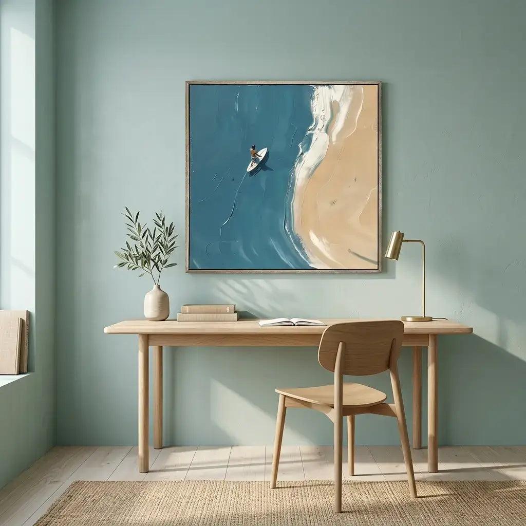 Modern home office with a wooden desk, chair, and abstract artwork on a light green wall.