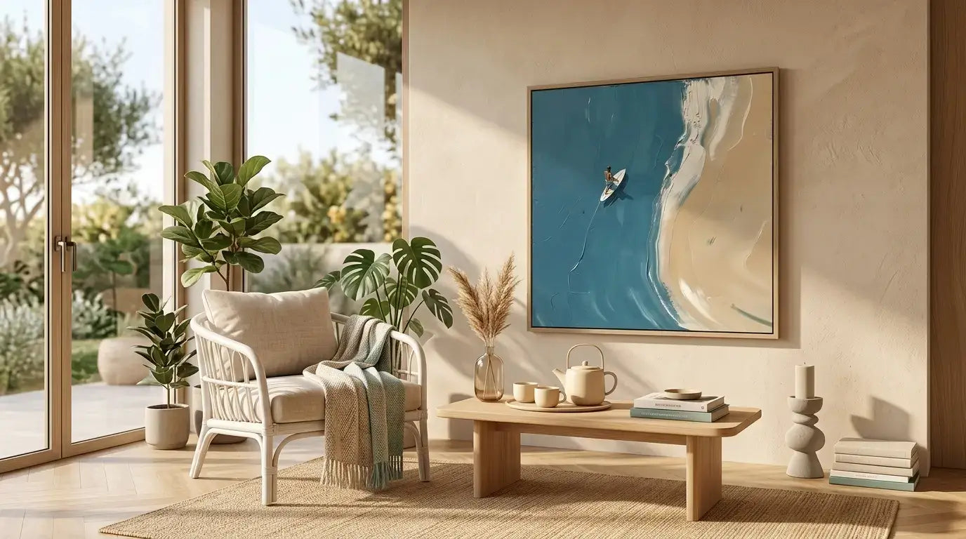 Modern living room with a sofa, coffee table, and decorative elements.
