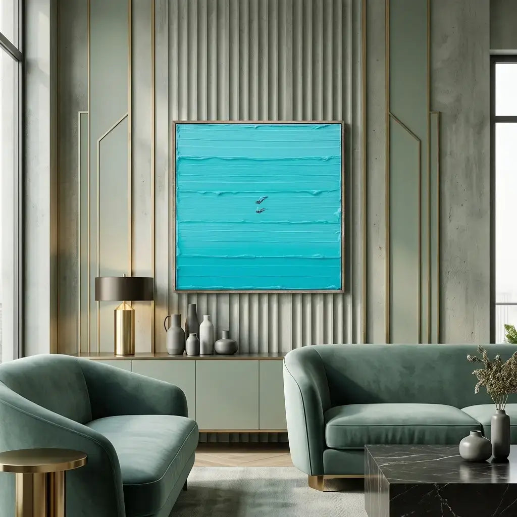 Modern living room with teal sofas and a blue abstract painting on the wall.