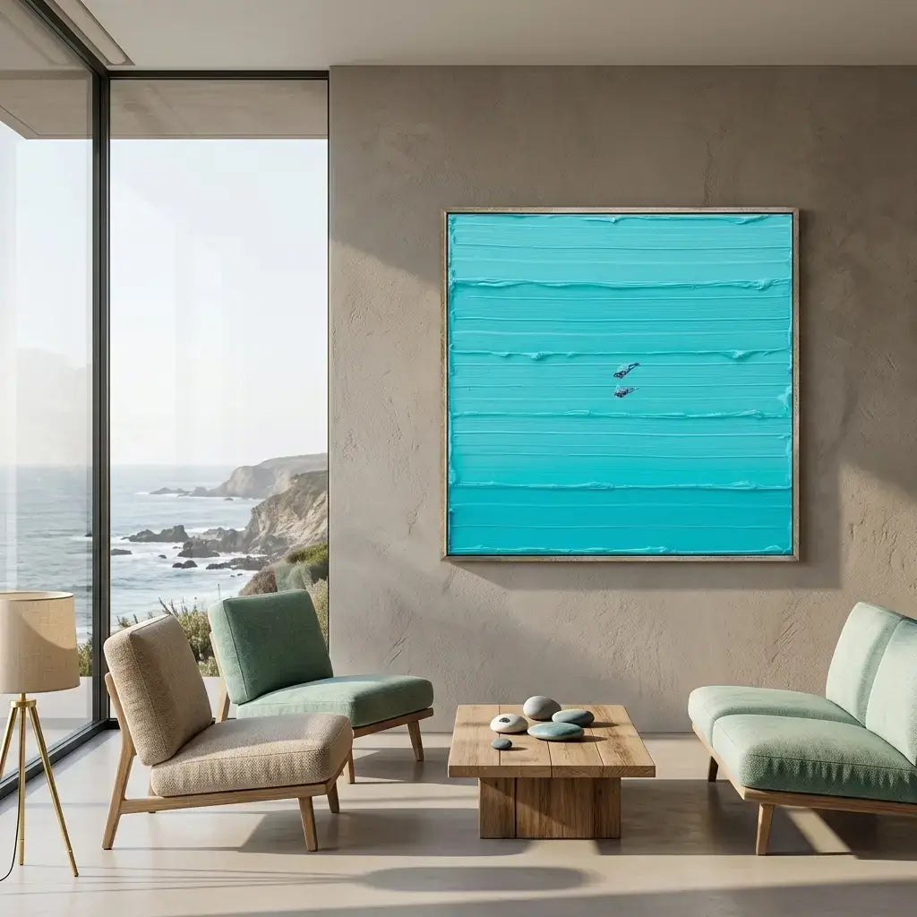 Modern living room with a blue abstract painting, chairs, and a coffee table by a large window with ocean view.