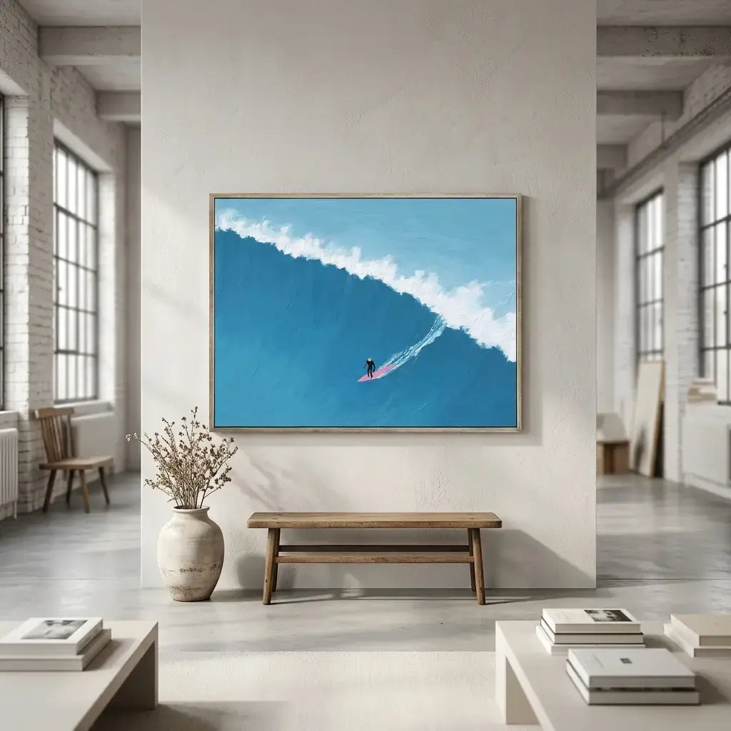 Framed artwork of a surfer on a wave in a modern living room.