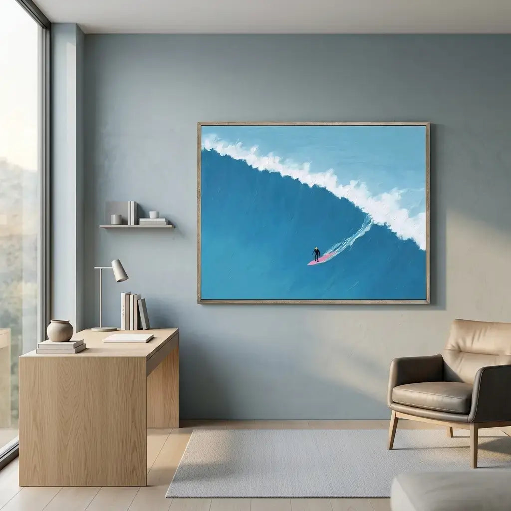 Modern living room with a large framed artwork of a surfer on a wave.