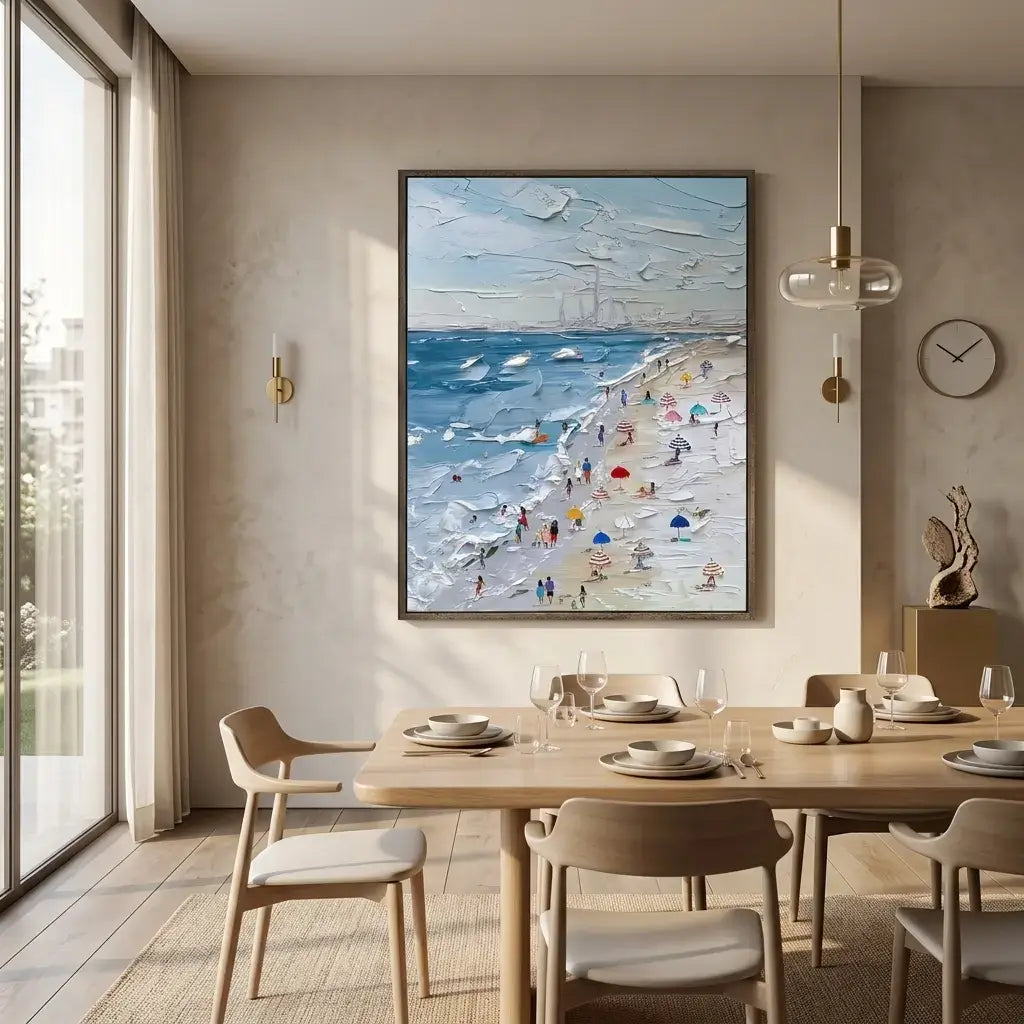 Dining room with a large framed beach scene painting on the wall.