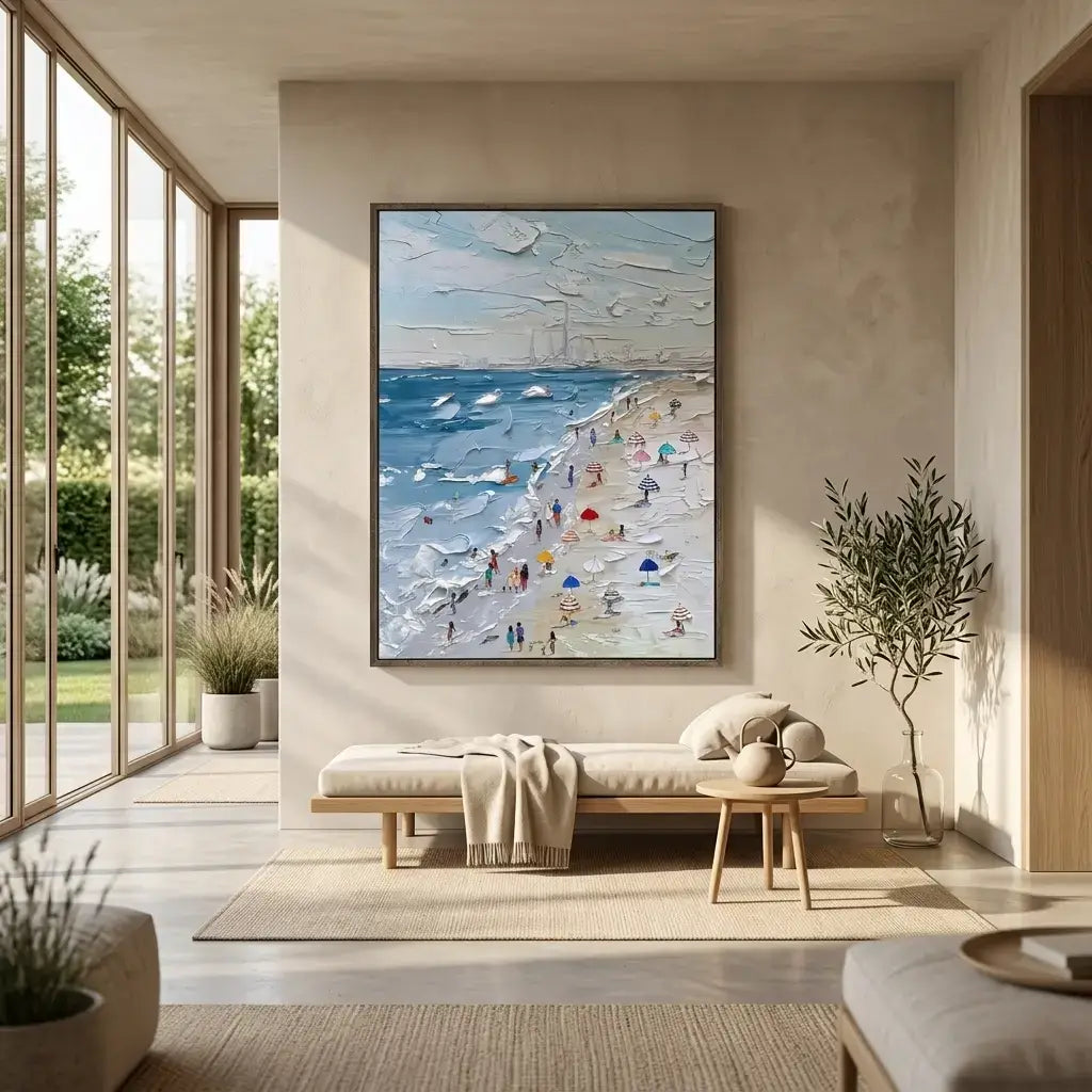 Modern living room with a beach scene painting on the wall