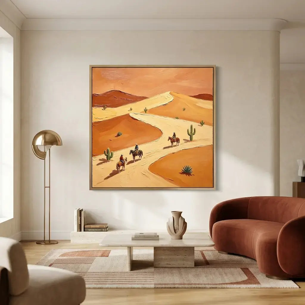 Living room with a desert landscape painting on the wall, a brown sofa, and a lamp.