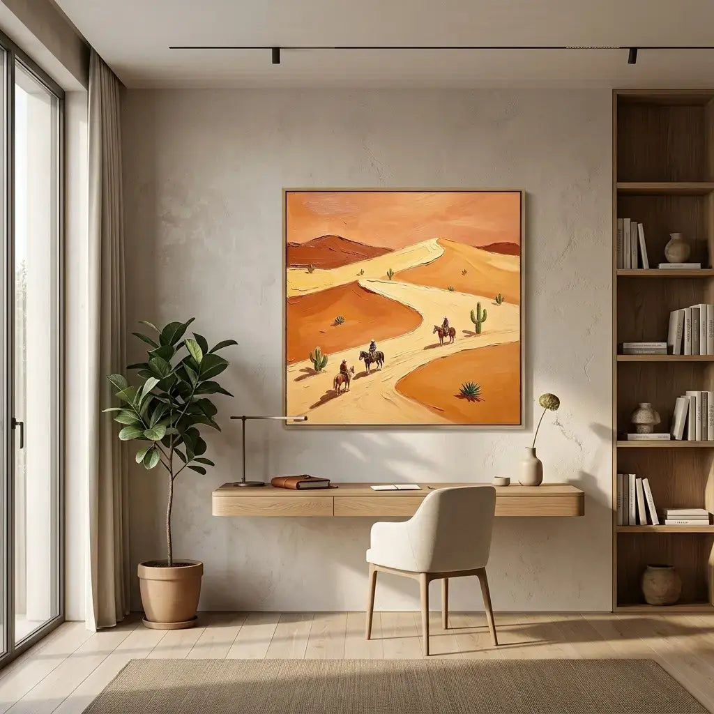 Modern interior with a desk, chair, and wall art of a desert landscape.