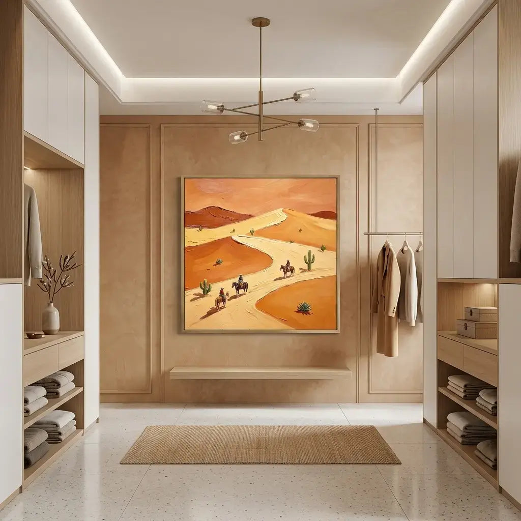 Modern interior with a desert-themed painting on a wall, light wood cabinets, and a rug.