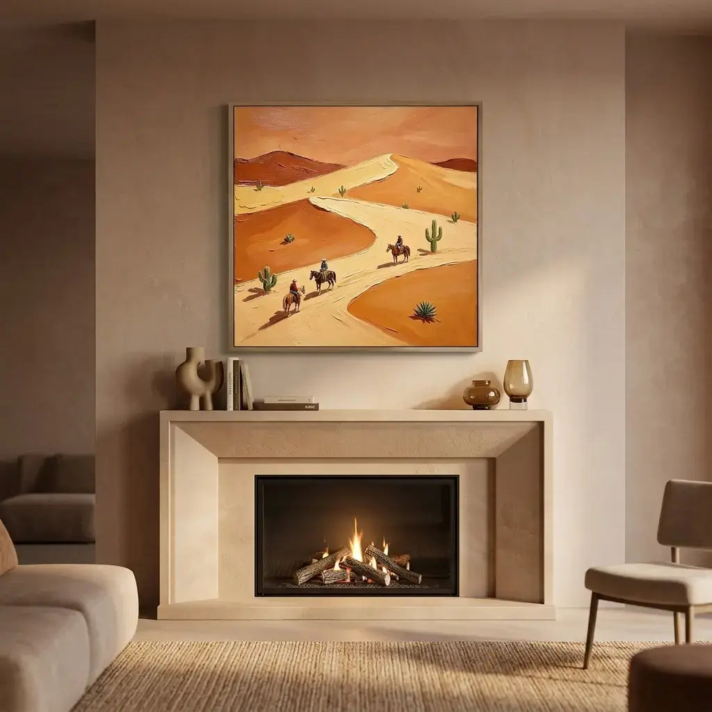 Living room with a fireplace and desert-themed wall art