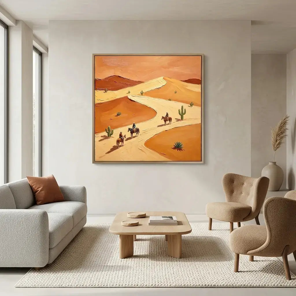 Living room with a desert landscape painting on the wall, gray sofa, wooden coffee table, and beige armchairs.
