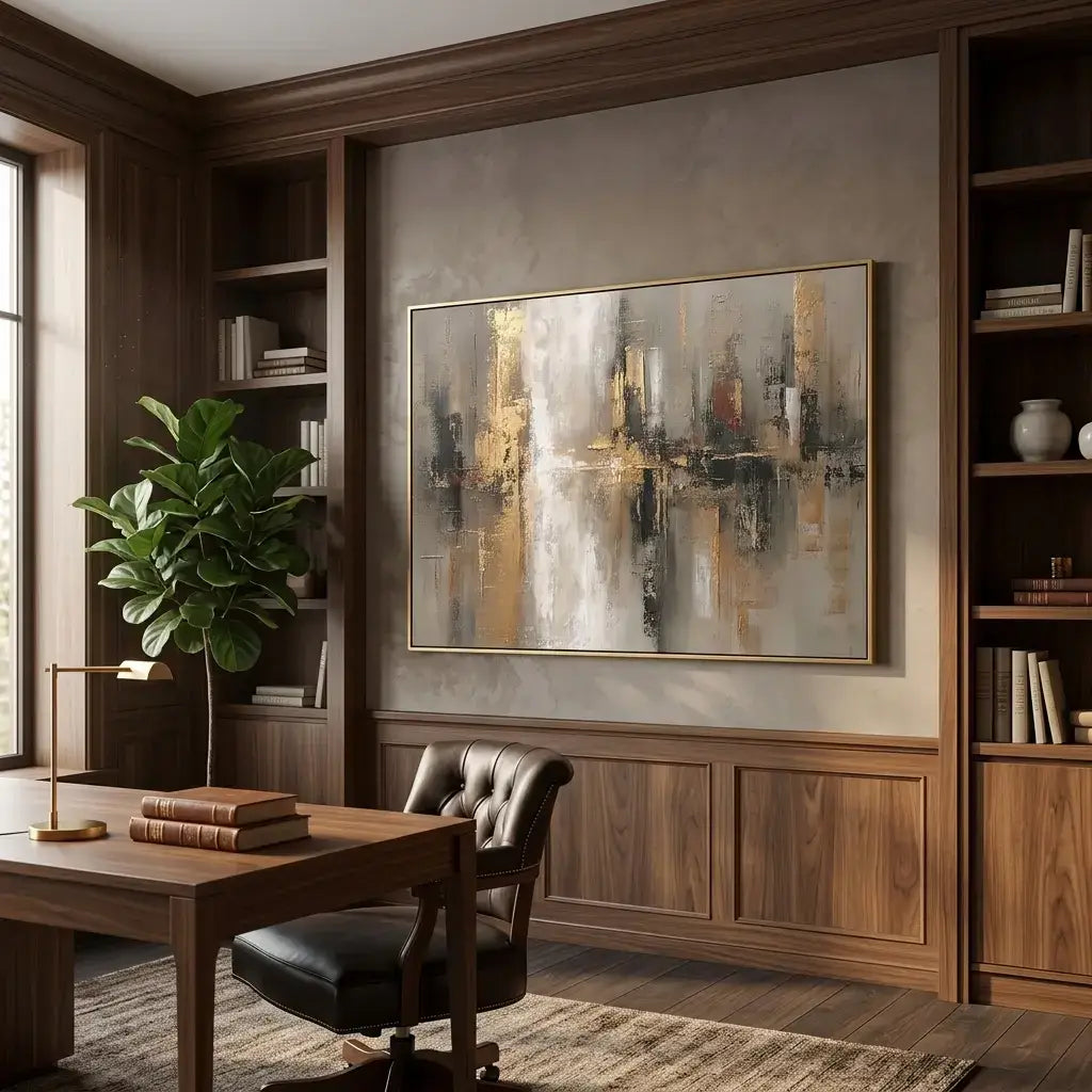Modern office interior with a large abstract painting on the wall, wooden desk, and chair.